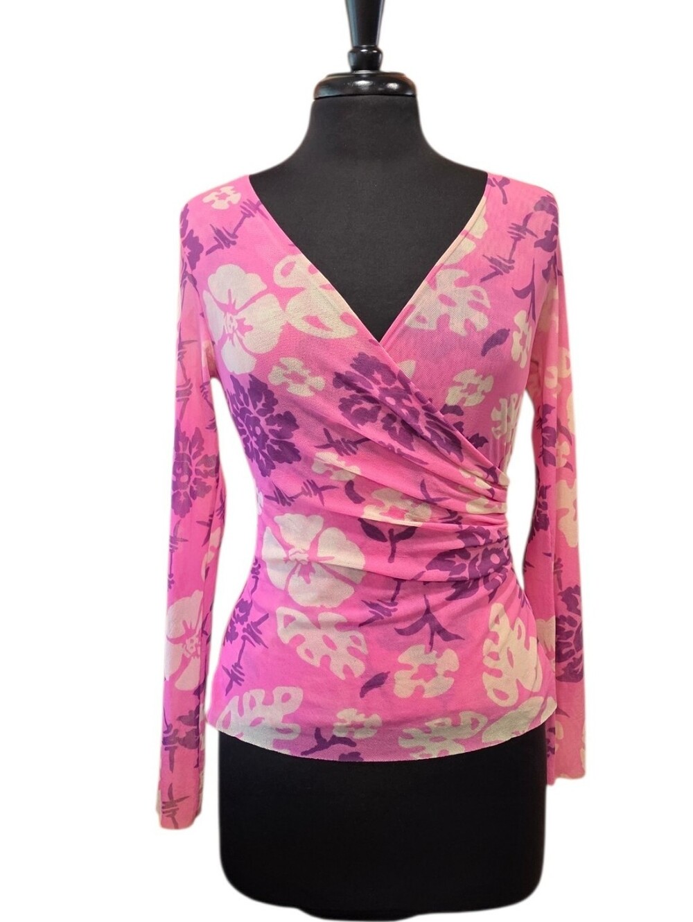 Vintage Y2K Sweet Pea Mesh Pink Floral Wrap Long Sleeve Top 2000s